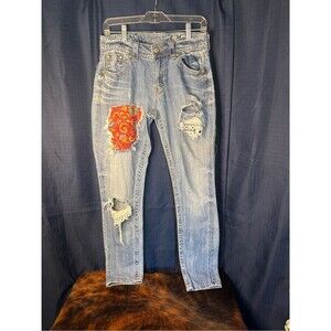 Miss Me Light Blue Skinny Jeans with Red Patch